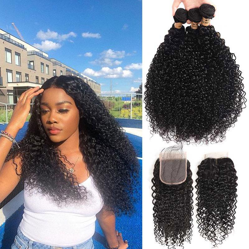 Brazilian Curly Human Hair Bundles With Closure Curly 4x4 Lace Closure