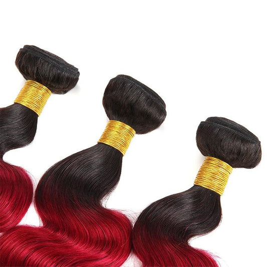 T1B/Burgundy Ombre Brazilian Body Wave Virgin Hair 3 Bundles Dark Red Colored Human Hair Weave
