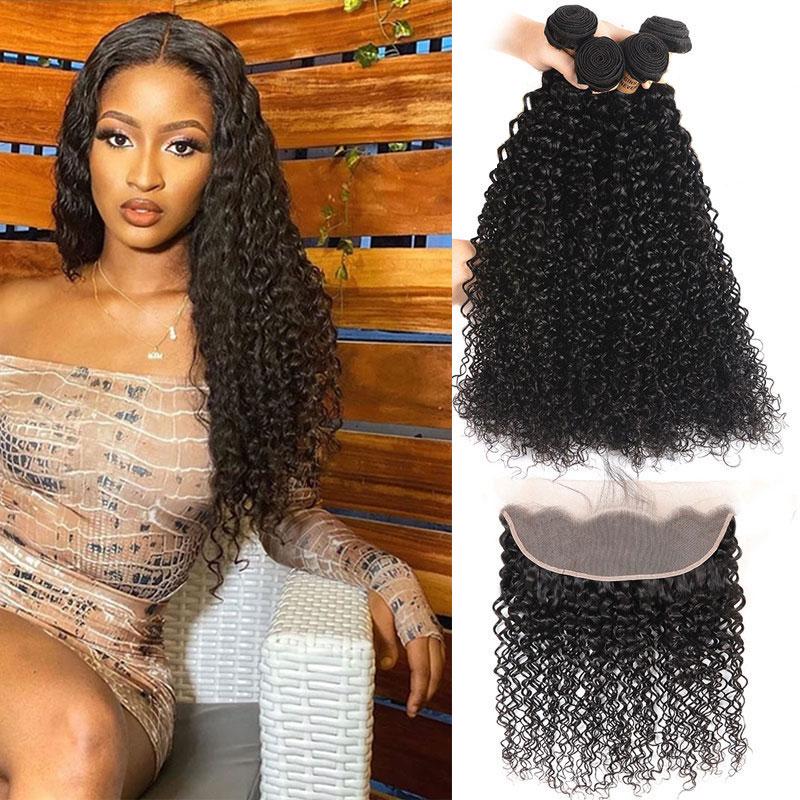 Brazilian Curly With Frontal 4 Bundles With 13x4 Lace Frontal