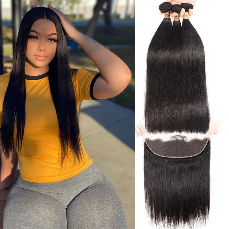Brazilian 3 Bundles With Lace Frontal Closure Soft Straight Human Hair