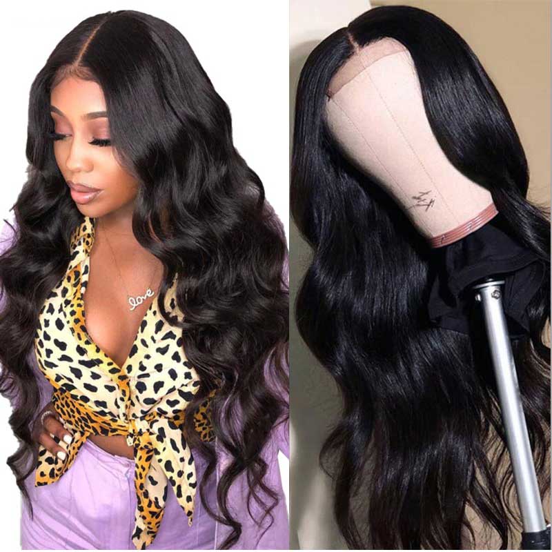 Abbily Human Hair Wigs Body Wave 5X5 Lace Closure Wig Natural Black Glueless Lace Wigs