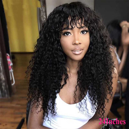 Abbily Glue Free Human Hair Wigs Non-Lace Curly Wig With Free Part Curly/Straight Bangs Breathable Wig Super Affordable