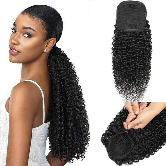 Abbily Human Hair Wigs Natural Black Straight/Wavy/Curly Drawstring Ponytail Clip In Hairpiece
