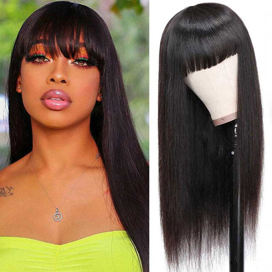 Abbily Straight Human Hair Wigs Glue Free Breathable Wigs With Bangs Super Affordable