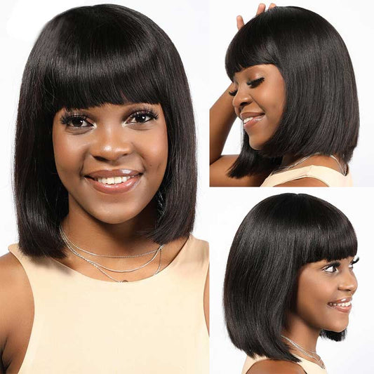 Abbily Straight 13x4 Lace Fontal Bob Wig With Fringe Bangs Natural Color