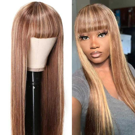 Abbily Human Virgin Hair Wigs Blonde mix color Straight Glueless Wig With Bang 180% Density