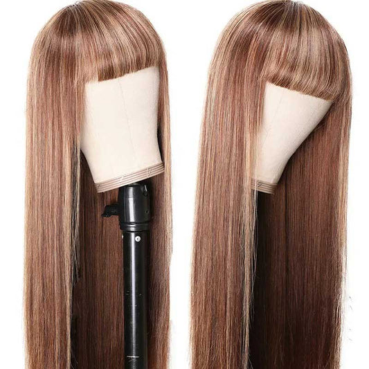 Abbily Human Virgin Hair Wigs Blonde mix color Straight Glueless Wig With Bang 180% Density