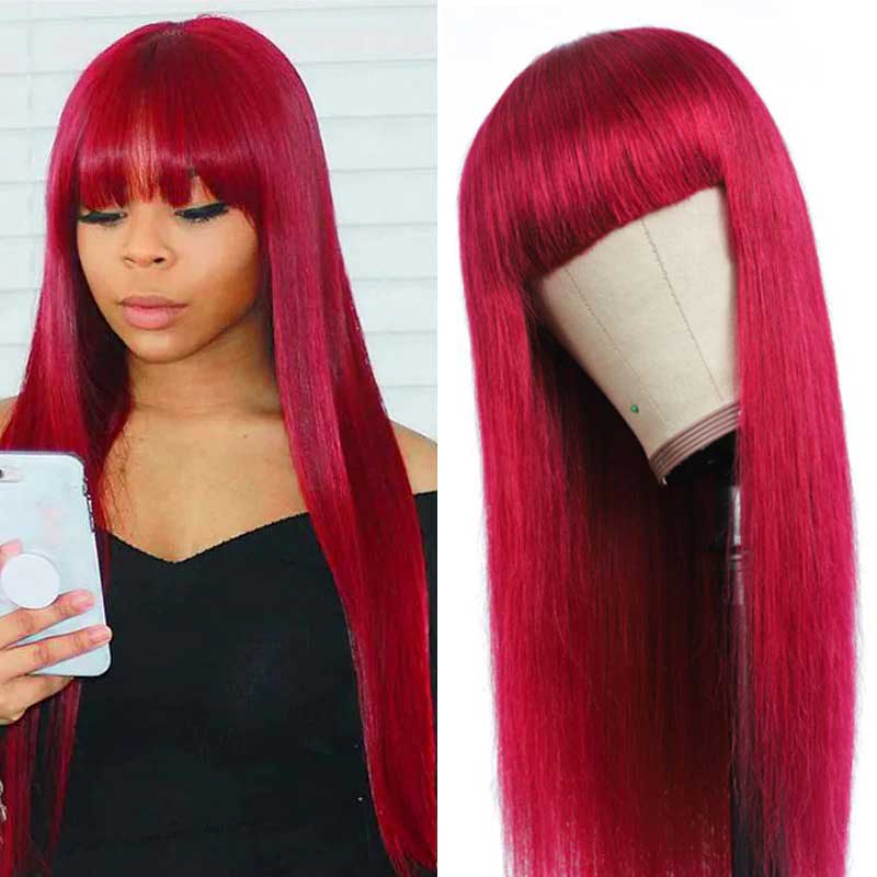 Abbily Glue Free Human Hair Wigs Long Burgundy Straight/Body Wave Non-lace Wig With Bang High Density
