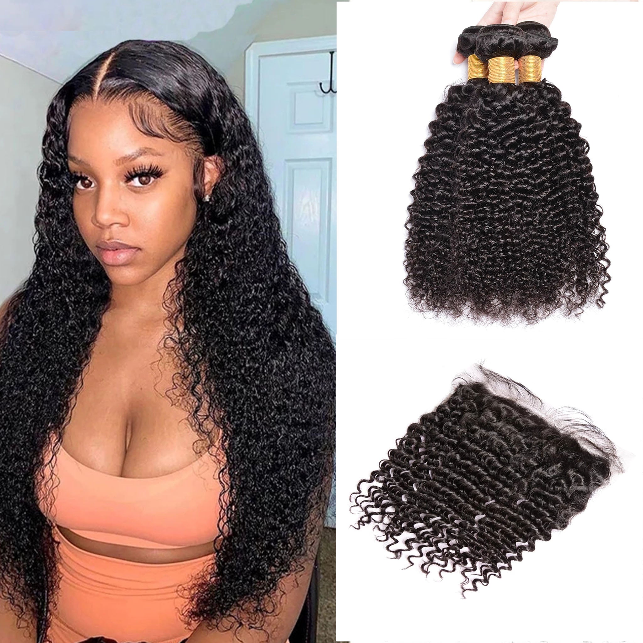 Brazilian 3 Bundles Virgin Hair Curly With 13x4 Lace Closure