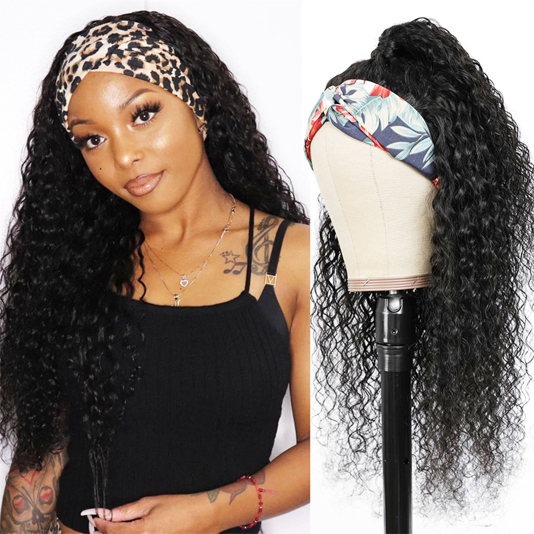 Abbily Headband Wigs Glue Free Curly/Straight Human Hair Wigs For African American