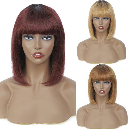 Abbily Human Hair Bob Wigs Ombre Color Affordable Non-Lace Wigs With Bangs New Arrival