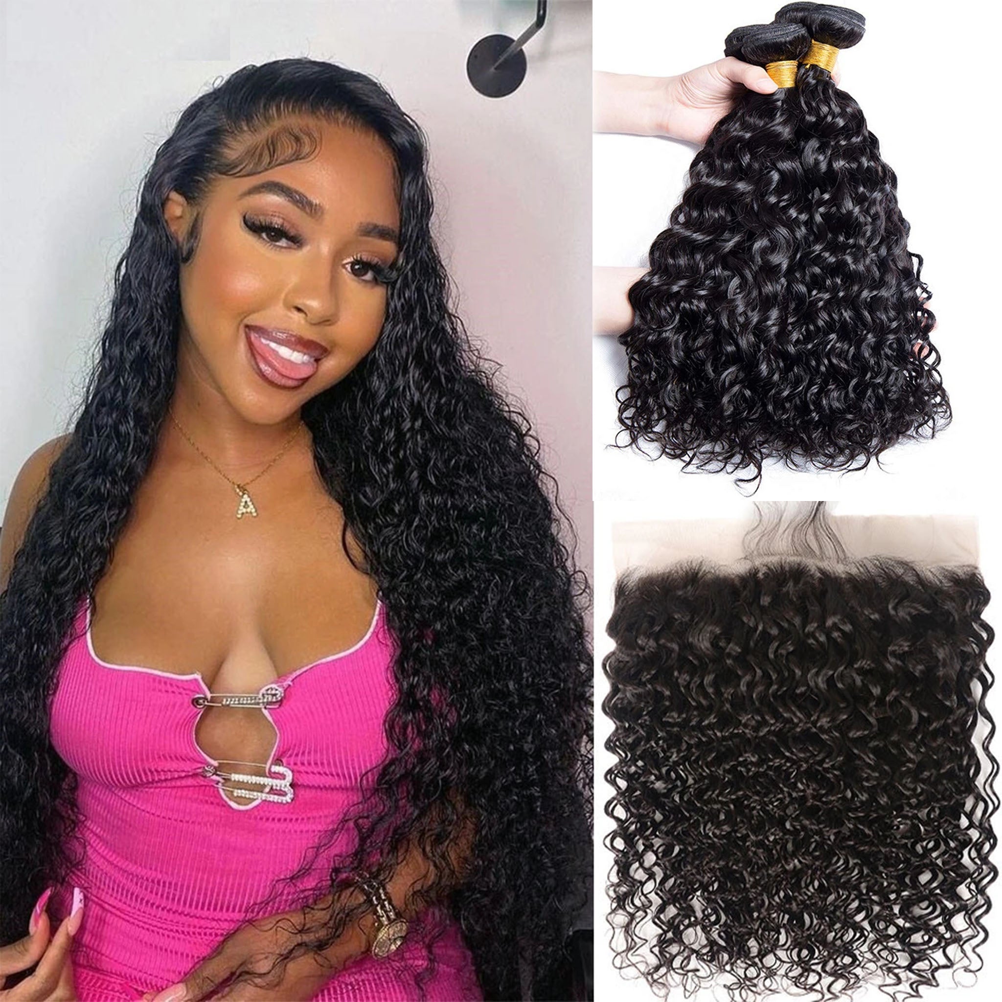 Water Wave Bundles With 13x4 Lace Frontal Brazilian Virgin Hair