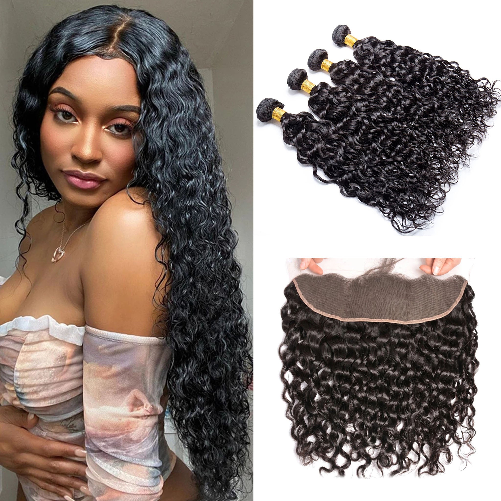Water Wave Bundles With 13x4 Lace Frontal Brazilian Human Hair