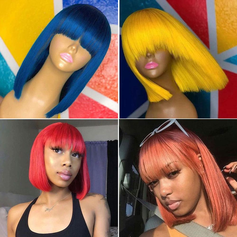Abbily Human Hair Bob Wigs Orange/Red/Yellow/Blue Color Wigs With Bangs 100% Virgin Human Hair